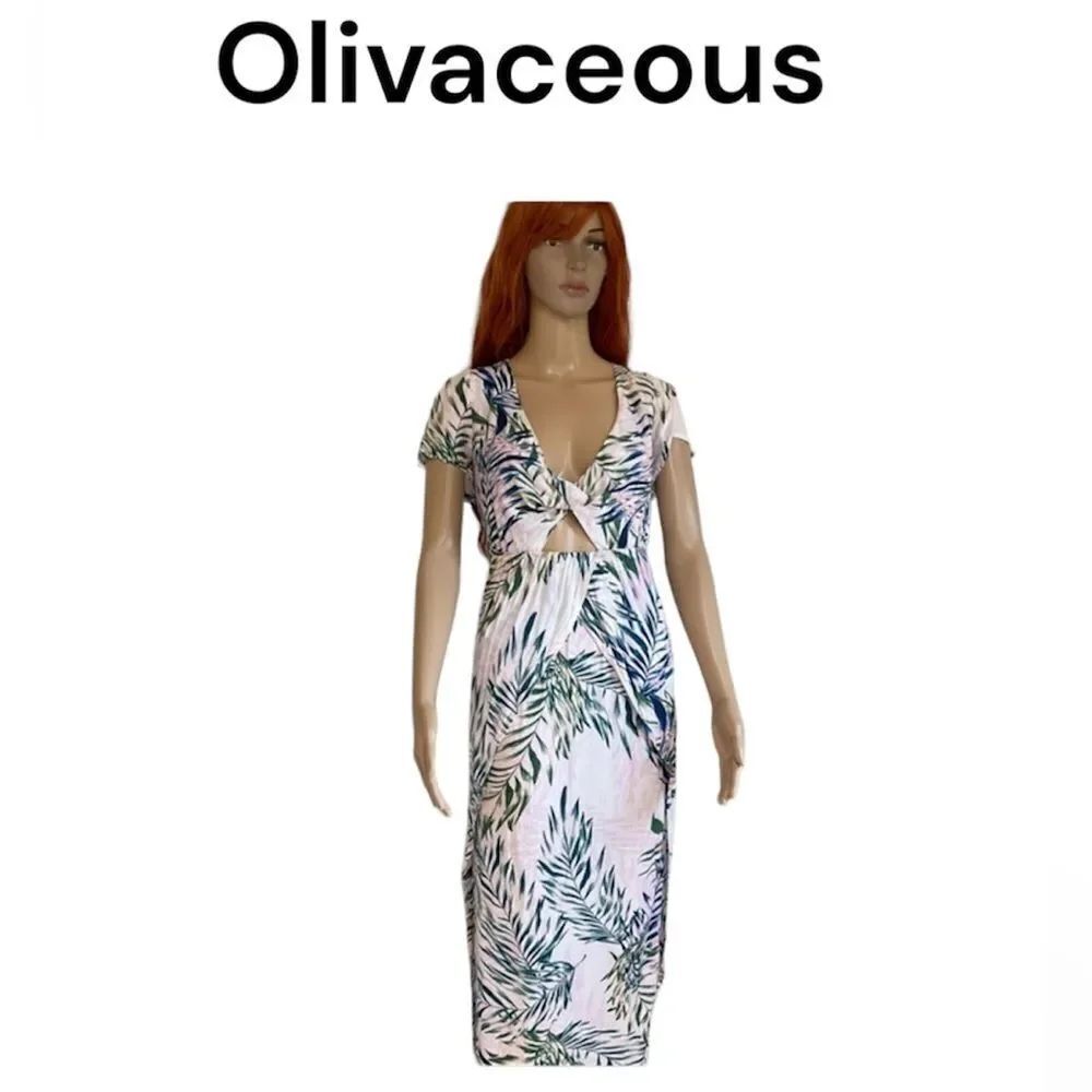 Olivaceous Palm Print Plunge Neck Cutout Long Wrap Maxi Dress Pink White Large